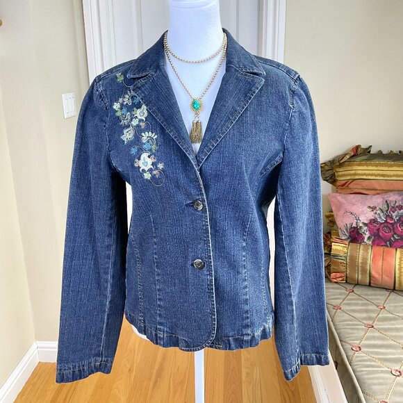 Casual Corner Blazer Jacket Denim Vintage 90s Embroidered Blue Boho (M) - Picture 1 of 9
